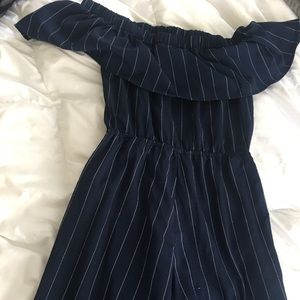Navy blue , striped off the shoulder jumpsuit